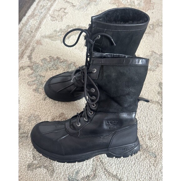 UGG Butte Sheepskin Vibran Lace Up Boots Winter Mens Size10 Black Leather Chukka - Picture 7 of 12